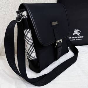 極美品 名作 BURBERRY BLACK LABEL バーバリーブラックレーベル ナイロン＆本革 ミニショルダーバッグ サイドノバチェック 黒 #2945