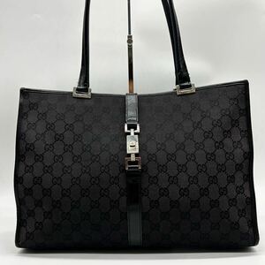 ●高級●GUCCI グッチ ジャッキー トートバッグ ハンドバッグ 鞄 かばん GG柄 ロック金具 肩掛け可 A4可 本革 レザー キャンバス 黒