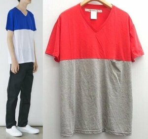 定価8.9千円 美品 / EEL イール SKY LINE VNECK 切替 Vネック ポケットTシャツ S レッド グレー 半袖 スカイライン バイカラー ツートン