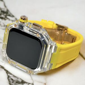 TCY★クリア&イエロー★アップルウォッチバンド ラバーベルト カバー　Apple Watch クリア ケース 40mm 41mm 44mm 45mm 46mm 49mmDバックル