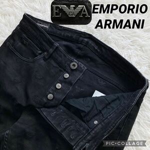 希少 XL位 ロゴ刺繍総柄 EMPORIO ARMANI エンポリオアルマーニ デニムパンツ ジーンズ ジーパン レザータグ 黒 ブラック メンズ 32