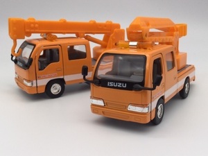 1/35 ISUZU エルフ トラック お得な2台セット オレンジ クレーン車＆高所作業車 NHR ダブルキャブ はたらく車 ミニカー　いすゞ　イスズ