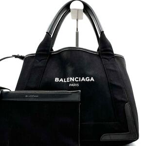 《美品》BALENCIAGA バレンシアガ ネイビーカバスS キャンバス レザー ハンドバッグ トートバッグ ポーチ付 手持ち ブラック