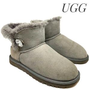 ☆即決・送料無料☆UGG アグ MINI BAILEY BUTTON Bling ベイリーボタン グレー 22cm シープスキン カジュアル 本革 本皮 レディース