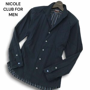 NICOLE CLUB FOR MEN ニコルクラブ フォーメン 通年 イタリアンカラー★ 長袖 ワイヤー ストライプ シャツ Sz.46　メンズ 紺　A4T11558_B#C