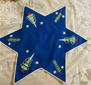 北欧クリスマス☆手刺繍 コットン青地 星型クロス