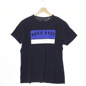 ●美品 HUGO BOSS ヒューゴボス 半袖 幾何柄プリントTシャツ メンズM ブラック×ブルー×ホワイト クルーネック 10165506 1AA/42654