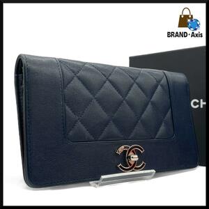 【極美品】CHANEL シャネル マドモアゼル マトラッセ ネイビー 二つ折り長財布 メンズ レディース 23番台