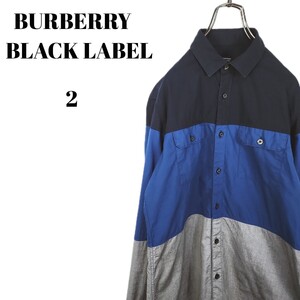 BURBERRY BLACK LABEL バーバリーブラックレーベル 長袖シャツ 胸ポケット付き 刺繍ロゴ ネイビー ブルー グレー マルチ配色 メンズ M相当