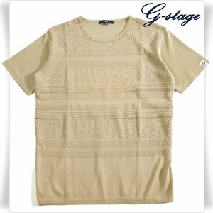 未使用1円～★g-stage ジーステージ メンズ 半袖 ボーダー編み カットソー 46 M ベージュ クルーネック ストレッチ Tシャツ 本物◆7486◆