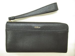 FURLA フルラ 美品 ストラップ付き レザー L字ファスナー長財布 ブラック★ネコポス可★o0438