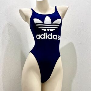 14アディダスadidas女子競泳水着(S〜Mサイズ程度)★ハイレグ光沢ネイビー濃紺ホワイト白ビッグロゴ★伸縮性あり男性も