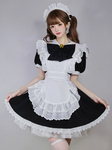 メイド服 ワンピース レース ヘアドレス付き 半袖 ゴスロリ ゴシックロリータ コスプレ ふんわり かわいい 萌え Lolita クラシカル 定番