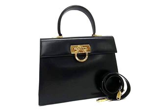 1円 ■美品■ Salvatore Ferragamo フェラガモ 0 21 2181 ガンチーニ レザー 2WAY ショルダーバッグ ハンドバッグ ブラック系 FF1888