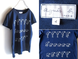 ネコポス対応 agnes b. アニエスベー RUPPERT＆MULOT アートプリント Tシャツ 半袖 カットソー 1 ネイビーブルー 紺青 ポルトガル製