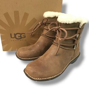 t214 新品未使用 UGG アグ CASPIA レザー ショートブーツ ムートン ボア ブラウン 1001815 レースアップ 24cm レディース 正規品　シューズ