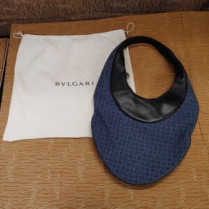 【BVLGARI アスコット セミショルダー】中古品 ブルガリ バッグ ネイビー ブラック キャンバス レザー かばん【B6-4③】1030