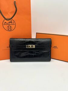 最終 HERMES エルメス ケリーウォレット アリゲーター ブラック ゴールド金具 T刻印 長財布 ウォレット