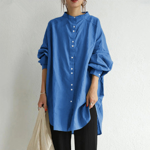 ☆ ブルー ☆ 2XLサイズ ☆ ロングチュニック lyblushirt シャツ レディース チュニック ブラウス ロングシャツ 長袖 ロング 長袖シャツ