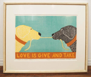 【真作】313-Stephen Huneck 『LOVE IS GIVE AND TAKE』 1995 167/250 木版画 額装 ステファン・ヒューネック