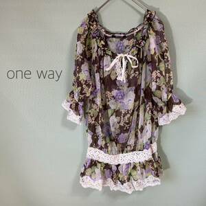 ◎one way ワンウエイ 花柄＆レースブラウス シフォンブラウス 七分袖ブラウス レディース Mサイズ 茶色 プルオーバー シアー