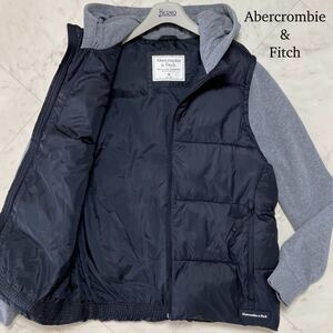 美品/L相当★ アバクロンビー&フィッチ Abercrombie＆Fitch ハイブリッド 中綿 ダウンジャケット パーカー 切替 ブルゾン ブラック グレー