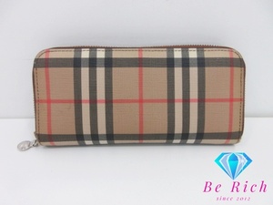 バーバリー BURBERRY ラウンドファスナー 長財布 ノヴァ チェック ベージュ PVC レザー ロゴ 二つ折り財布【中古】bs3502