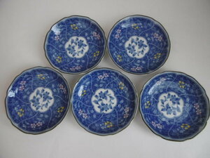 昭和レトロ/当時物　５枚　花柄　 染付 小皿/中皿/取り皿/和皿 和食器 