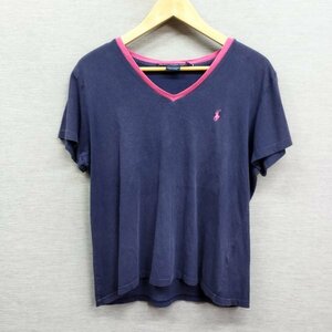 G402 RALPH LAUREN SPORT ラルフローレン スポーツ 半袖 Tシャツ カットソー Vネック ワンポイント 刺繍 コットン レディース ネイビー L