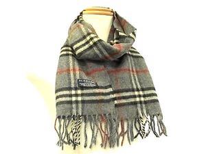 1円 ■美品■ BURBERRY バーバリー ノバチェック ウール75％×アンゴラ25％ フリンジ マフラー ストール グレー系 FH3863