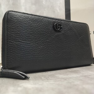 現行デザイン/定価86900円●GUCCI グッチ メンズ GGマーモント ダブルG 長財布 ラウンドファスナー ジップ ロゴ シボ革 レザー 黒 ブラック