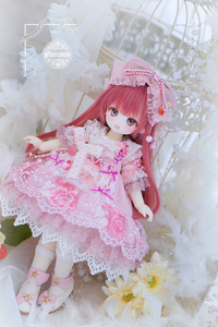 【ぷらちなの杜●いちごミルフィーユドレスセット～２種のレースと薔薇の花びらを添えて～●TinyFox1/6・BABYKUMAKO・幼SD・火曜子サイズ】