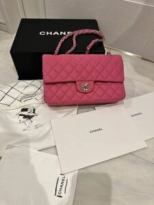 シャネル ショルダーバッグ マトラッセ ピンク キャビアスキン ダブルフラップ 25 シルバーCHANEL