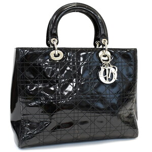 1円 ◎Christian Dior クリスチャンディオール ハンドバッグ レディディオール ラージ カナージュ エナメル ブラック◎L☆.Cero.lA-45