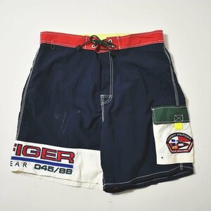 ★古着 クレイジーパターン トミーヒルフィガー TOMMY HILFIGER スイムショーツ M ネイビーxレッド 短パン ショート ハーフパンツ メンズ★