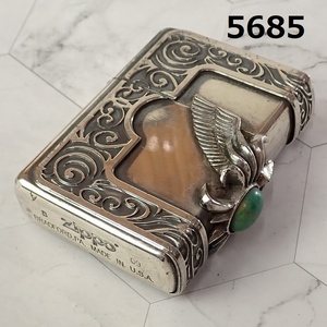 ■AC-5685　ヴィンテージZIPPO　ジッポーライター　ストーンウィングメタル　ターコイズ　3面加工　火花OK