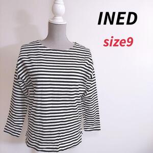 INED 厚手しっかり生地 ボーダー柄ロングTシャツ 黒 白モノトーン 表記サイズ9号 M ドロップショルダー81153