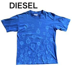 【送料無料】中古 DIESEL ディーゼル デザイン Tシャツ プリント 気球 時計 ブルー サイズM