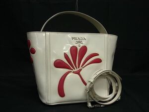 1円 ■美品■ PRADA プラダ パテントレザー×レザー 2WAY ハンドバッグ ショルダー クロスボディ アイボリー系×レッド系 BN0291