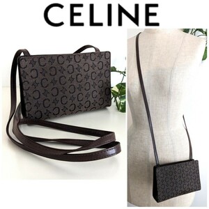 良品 CELINE オールドセリーヌ レザー キャンバス 柄 サコッシュ ポシェット 鞄 ポーチ 財布 ミニバッグ ブラウン 茶色 レディース メンズ