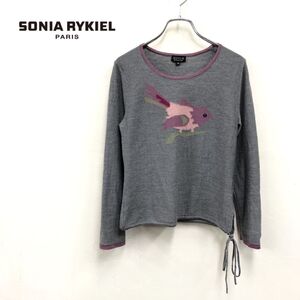 1I2767-O◆SONIA RYKIEL ソニアリキエル 鳥柄ニットトップス セーター ワンポイント◆size38 グレー ウール100