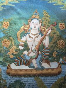 卍　仏教 美術　◆ 織物　『　弁財天　』 90cm 　　　検索；密教　西蔵　刺繍　仏画　チベット　仏像　F