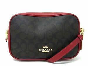 1円 ■極美品■ COACH コーチ 68168 シグネチャー PVC×レザー ショルダーバッグ 斜め掛けかばん レディース ブラウン系×レッド系 AW8890