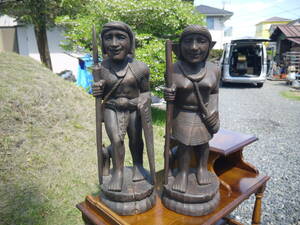【4Apr24 O】 木彫像 一対 「水汲み/狩り」 インドネシア バリ アフリカ 置物 インテリア 彫刻 アンティーク/ヴィンテージ
