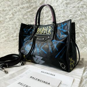 美品★BALENCIAGA バレンシアガ ペーパー A6 グラフィティ カーフ レザー 2WAY ハンドバッグ ショルダーバッグ 黒系 ペイント レディース