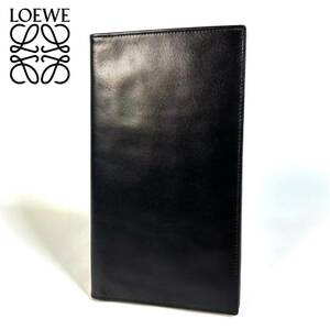 【美品】LOEWE ロエベ レザー ボックスカーフ 二つ折り 長財布 薄型 札 カード 入れ ブラック スペイン製