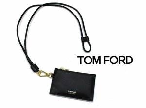 17万新品◆TOMFORD トムフォード ロゴ箔押し カーフレザー ネックストラップ付きコインカードケース 黒 1円