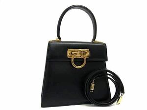 1円 ■美品■ Salvatore Ferragamo フェラガモ AQ-212193 ガンチーニ レザー 2WAY ハンドバッグ ショルダーバッグ ブラック系 BJ3295