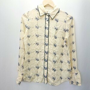 ◇ Tory Burch トリー バーチ チェック 鳥柄 シルク100% 長袖 シャツ サイズ4 イエロー ネイビー レディース E