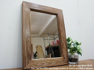 オールドチーク無垢材 壁掛け鏡 40cm×30cm ナチュラルカラー 古木ミラー アジアン家具 バリ家具 送料無料
